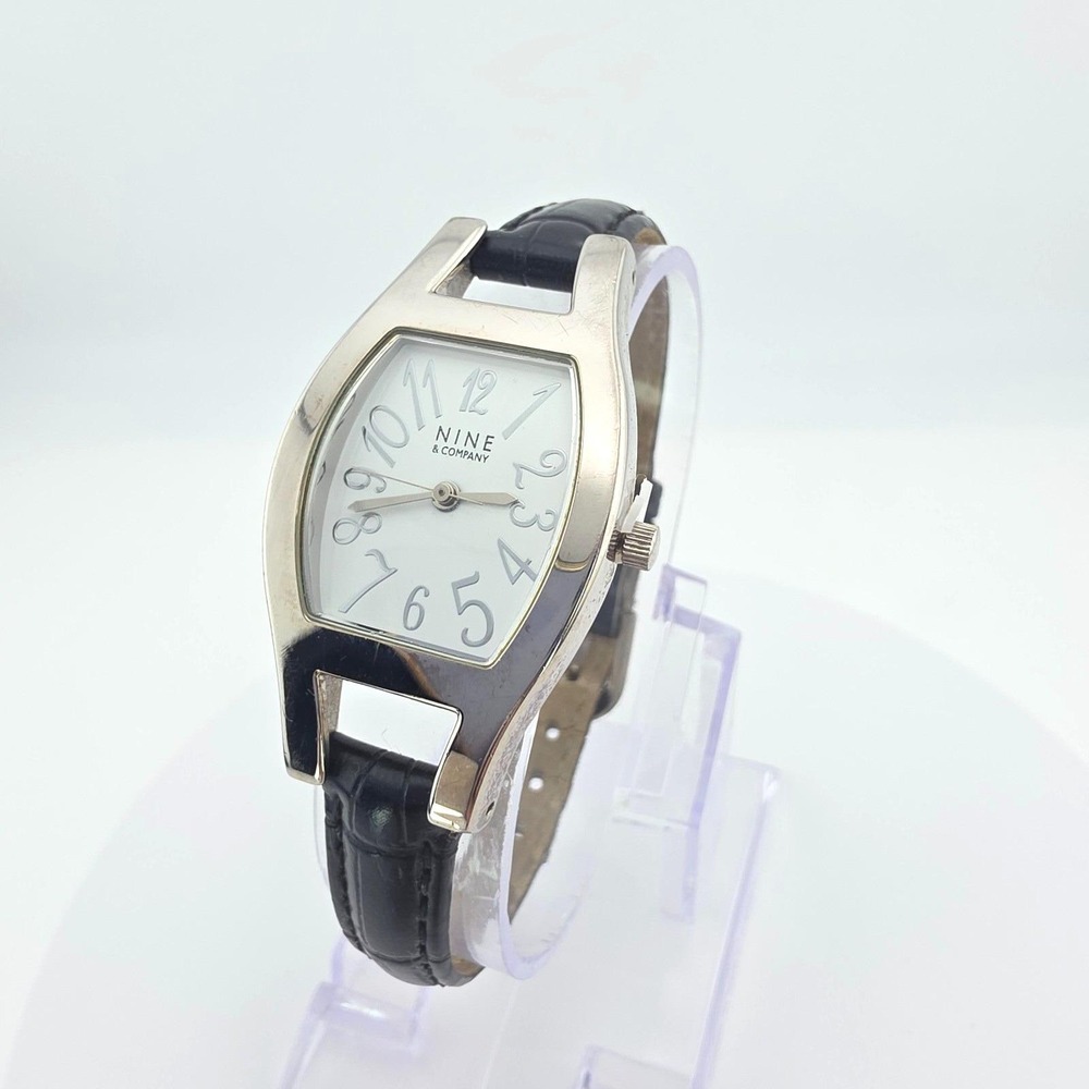 Vintage NINE & COMPANY Ladies Watch Tonneau Faux Black Leather Silver Tone 8.75"
